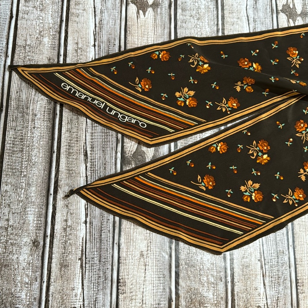 Emanuel Ungaro Silk Vintage Brown Flowers Stripes Lovely 60’s 70’s Skinny Scarf - Picture 5 of 13